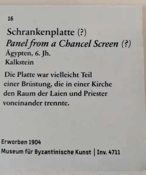 Detail of the reconstruction of a panel from a chance screen, cross in the middle of vines and leaves, located in Bode Museum